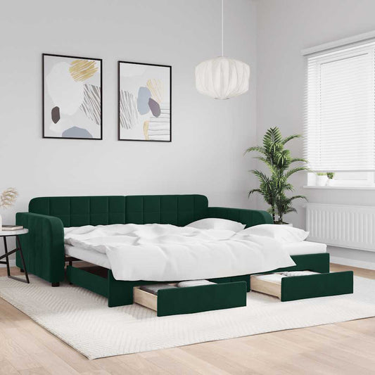 Slaapbank onderschuifbed lades 100x200 cm fluweel donkergroen is nu te koop bij PeponiXL, paradijselijk wonen!