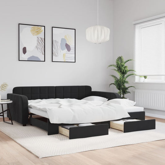Slaapbank met onderschuifbed en lades 100x200 cm fluweel zwart is nu te koop bij PeponiXL, paradijselijk wonen!