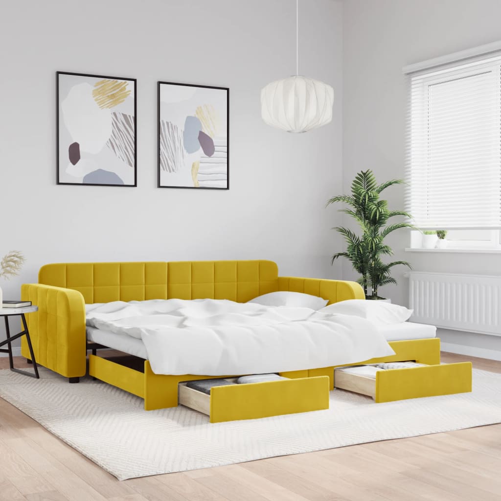 Slaapbank met onderschuifbed en lades 100x200 cm fluweel geel is nu te koop bij PeponiXL, paradijselijk wonen!