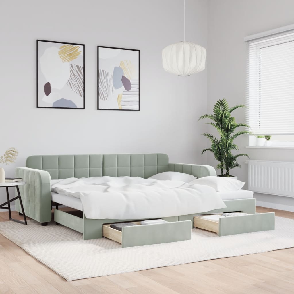 Slaapbank onderschuifbed en lades 90x190 cm fluweel lichtgrijs is nu te koop bij PeponiXL, paradijselijk wonen!