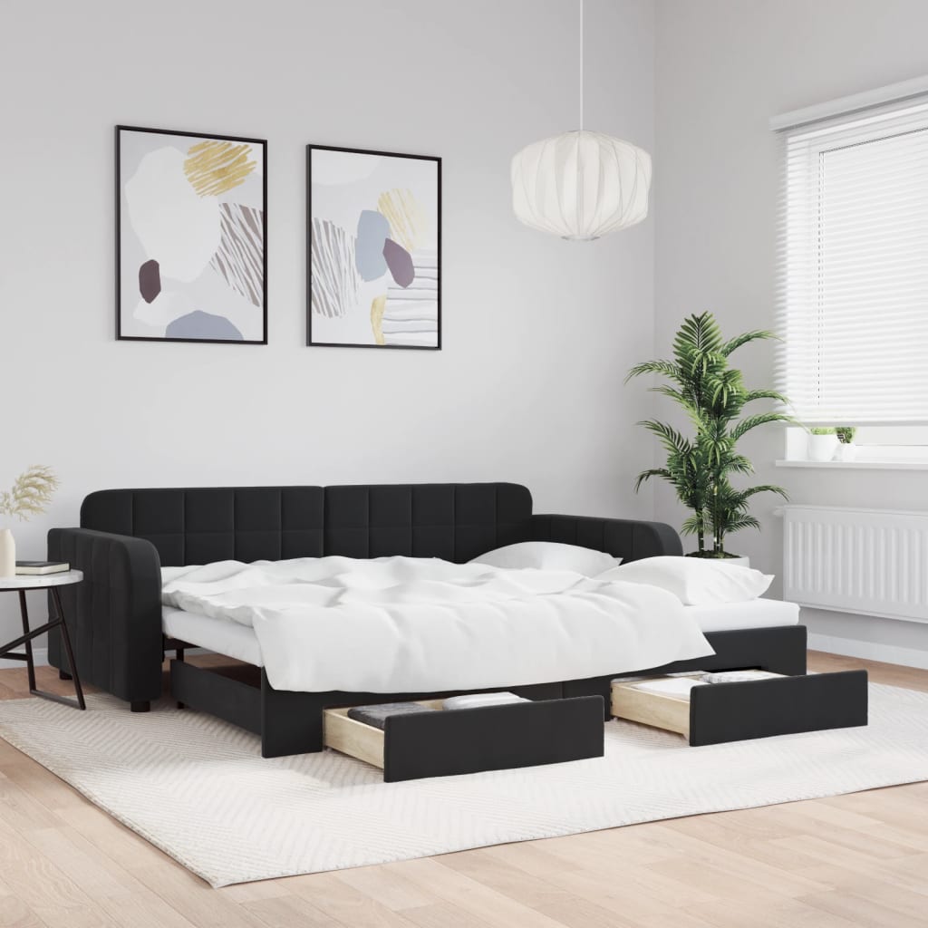 Slaapbank met onderschuifbed en lades 90x190 cm fluweel zwart is nu te koop bij PeponiXL, paradijselijk wonen!