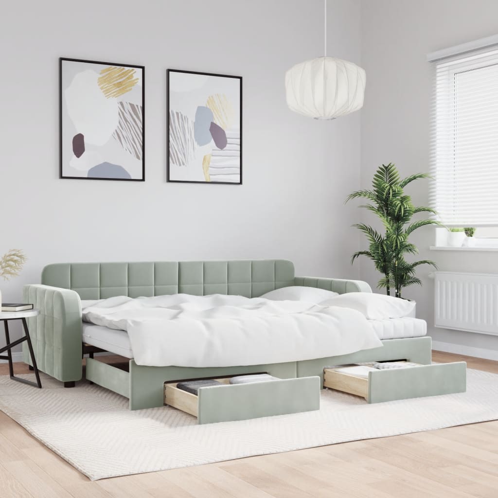 Slaapbank onderschuifbed en lades 80x200 cm fluweel lichtgrijs is nu te koop bij PeponiXL, paradijselijk wonen!