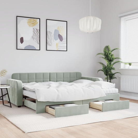 Slaapbank onderschuifbed en lades 80x200 cm fluweel lichtgrijs is nu te koop bij PeponiXL, paradijselijk wonen!