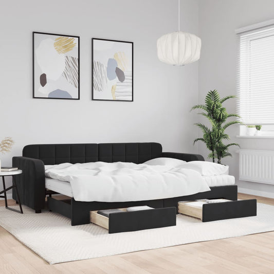 Slaapbank met onderschuifbed en lades 80x200 cm fluweel zwart is nu te koop bij PeponiXL, paradijselijk wonen!