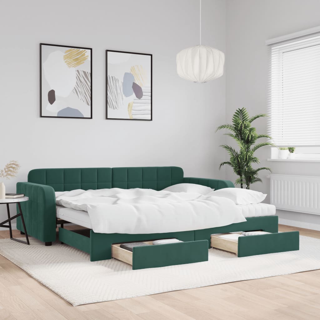 Slaapbank onderschuifbed en lades 90x200 cm fluweel donkergroen is nu te koop bij PeponiXL, paradijselijk wonen!