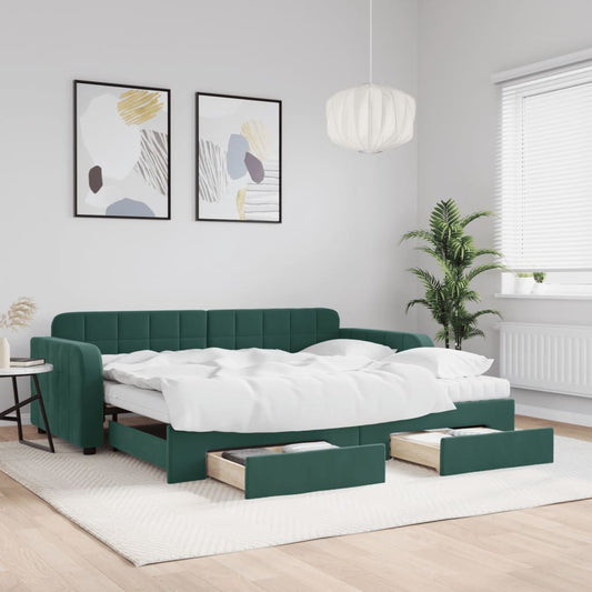 Slaapbank onderschuifbed en lades 90x200 cm fluweel donkergroen is nu te koop bij PeponiXL, paradijselijk wonen!