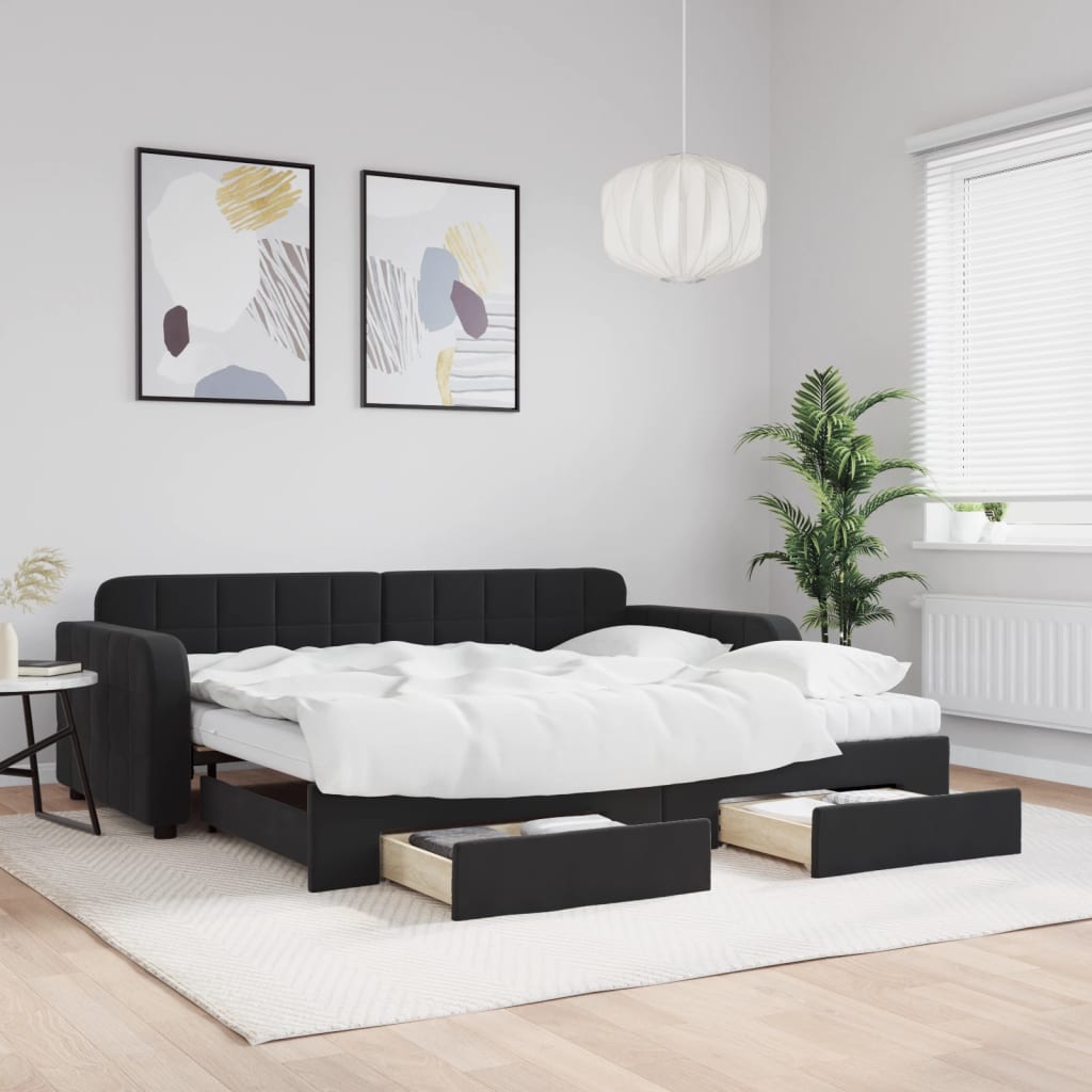 Slaapbank met onderschuifbed en lades 90x200 cm fluweel zwart is nu te koop bij PeponiXL, paradijselijk wonen!