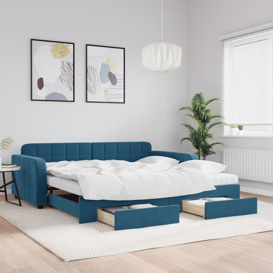 Slaapbank met onderschuifbed en lades 100x200 cm fluweel blauw is nu te koop bij PeponiXL, paradijselijk wonen!