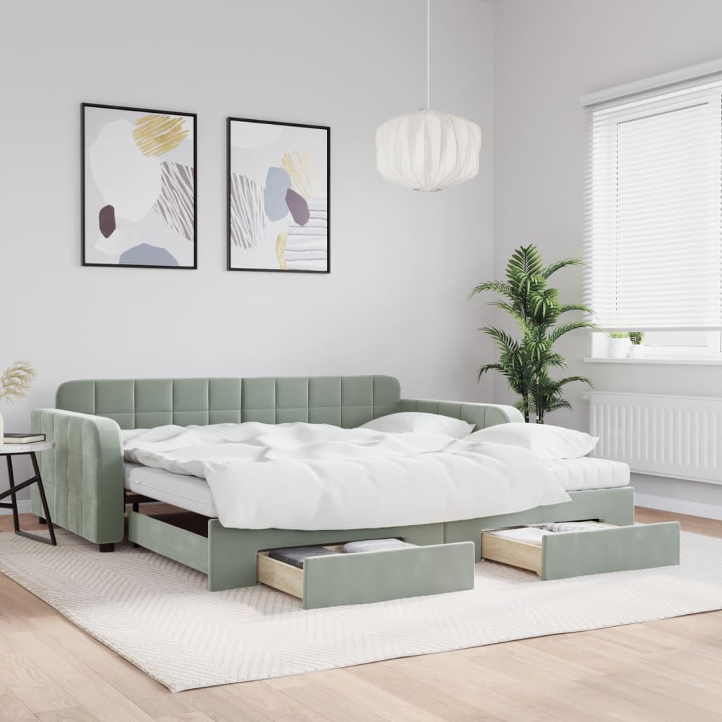 Slaapbank onderschuifbed en lades 100x200 cm fluweel lichtgrijs is nu te koop bij PeponiXL, paradijselijk wonen!