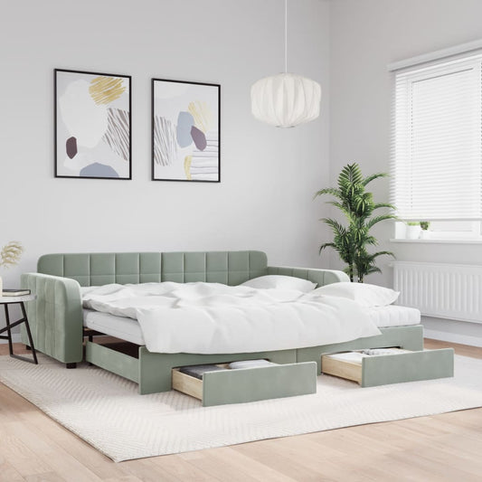 Slaapbank onderschuifbed en lades 100x200 cm fluweel lichtgrijs is nu te koop bij PeponiXL, paradijselijk wonen!