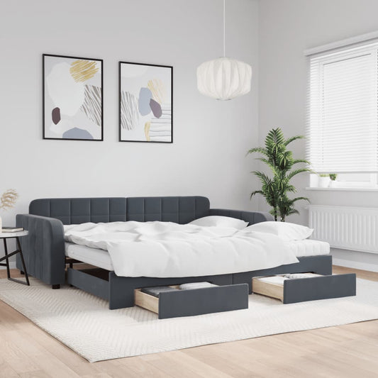 Slaapbank onderschuifbed lades 100x200 cm fluweel donkergrijs is nu te koop bij PeponiXL, paradijselijk wonen!