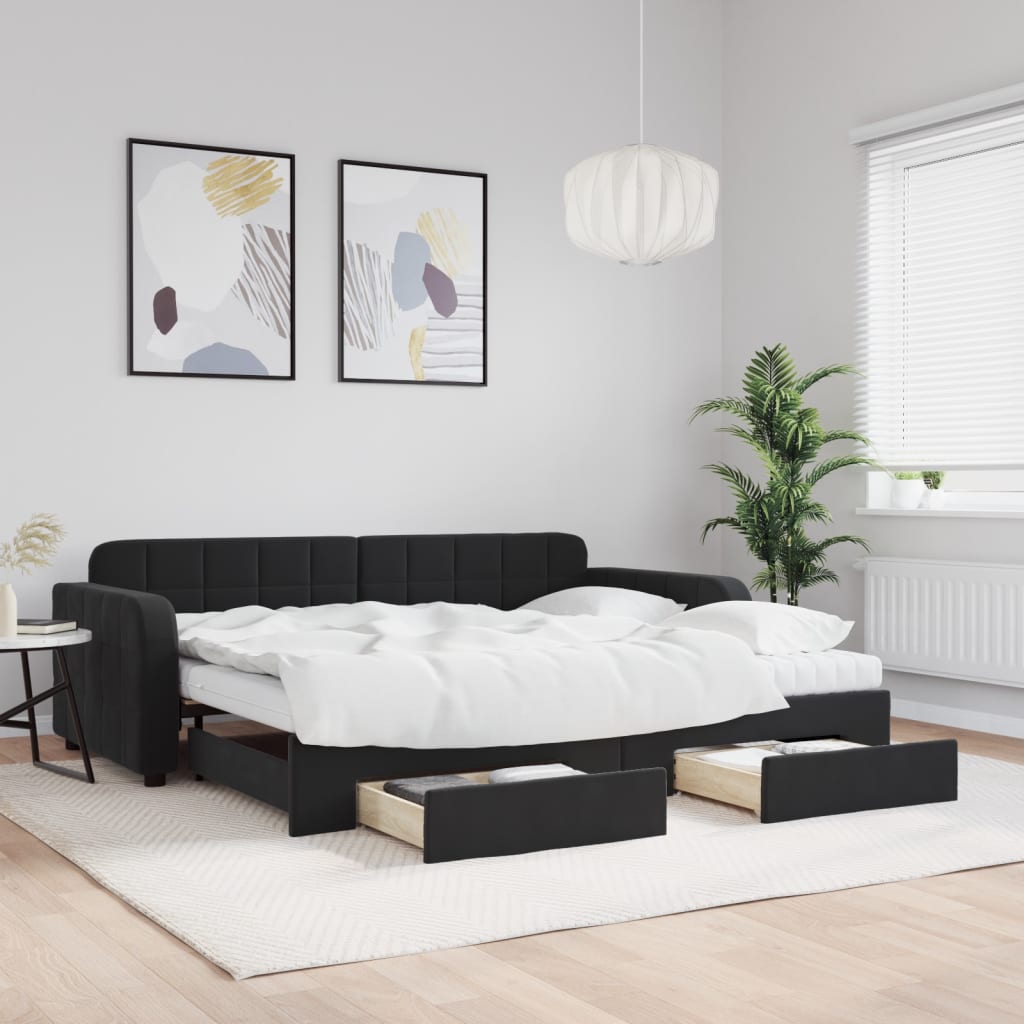Slaapbank met onderschuifbed en lades 90x190 cm fluweel zwart is nu te koop bij PeponiXL, paradijselijk wonen!