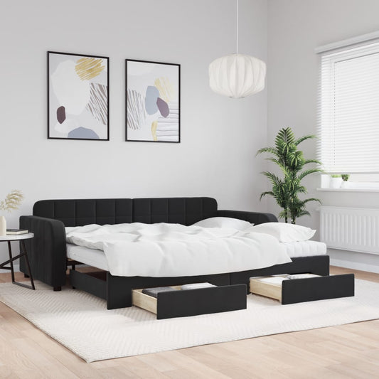 Slaapbank met onderschuifbed en lades 90x190 cm fluweel zwart is nu te koop bij PeponiXL, paradijselijk wonen!