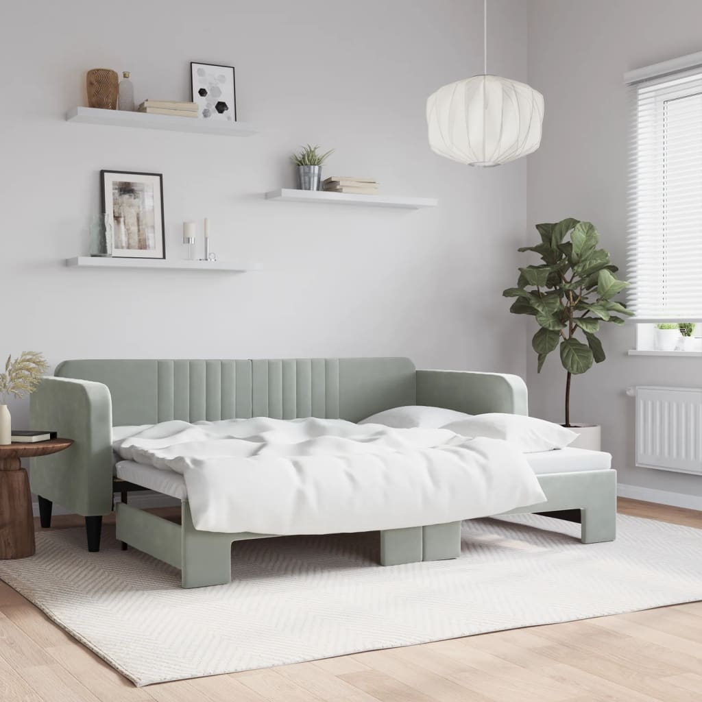 Slaapbank met onderschuifbed 80x200 cm fluweel lichtgrijs is nu te koop bij PeponiXL, paradijselijk wonen!