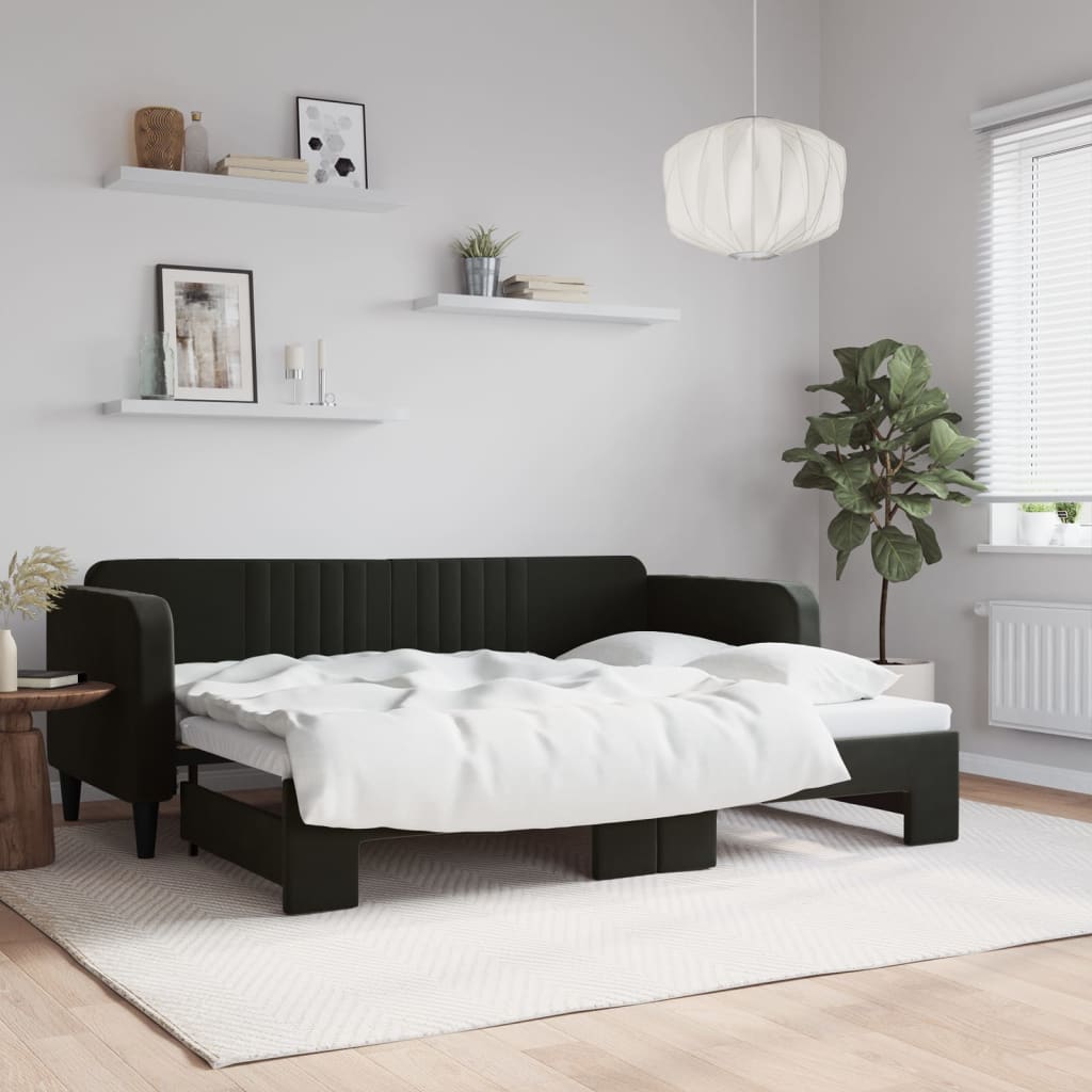 Slaapbank met onderschuifbed 80x200 cm fluweel zwart is nu te koop bij PeponiXL, paradijselijk wonen!