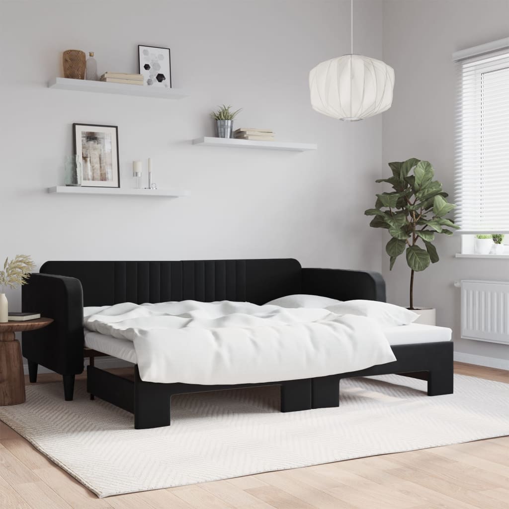 Slaapbank met onderschuifbed 90x200 cm fluweel zwart is nu te koop bij PeponiXL, paradijselijk wonen!