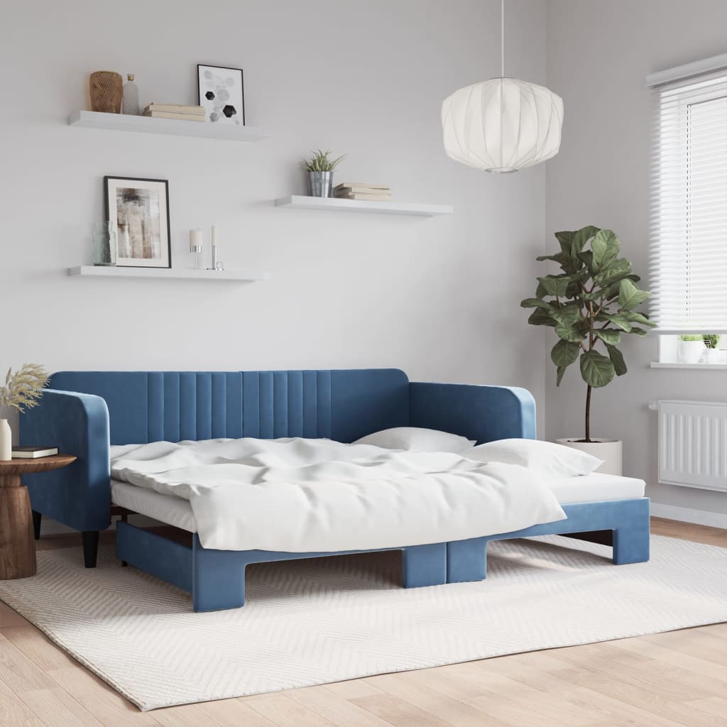 Slaapbank met onderschuifbed 100x200 cm fluweel blauw is nu te koop bij PeponiXL, paradijselijk wonen!