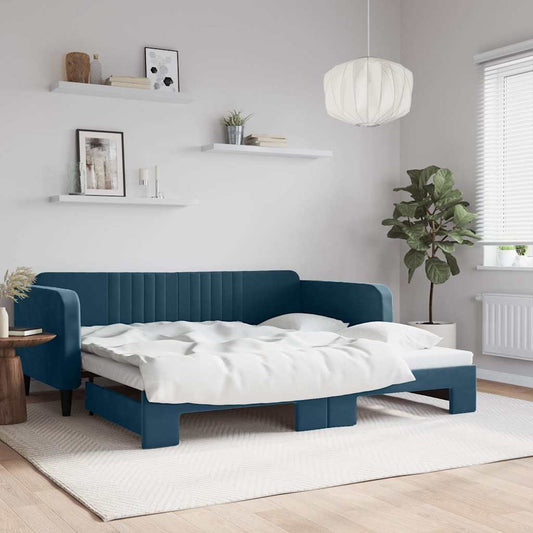 Slaapbank met onderschuifbed 100x200 cm fluweel blauw is nu te koop bij PeponiXL, paradijselijk wonen!