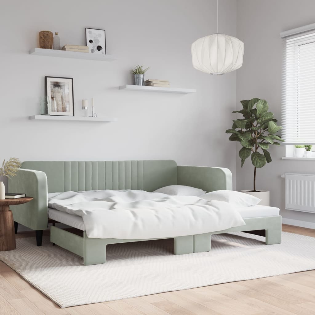 Slaapbank met onderschuifbed 100x200 cm fluweel lichtgrijs is nu te koop bij PeponiXL, paradijselijk wonen!