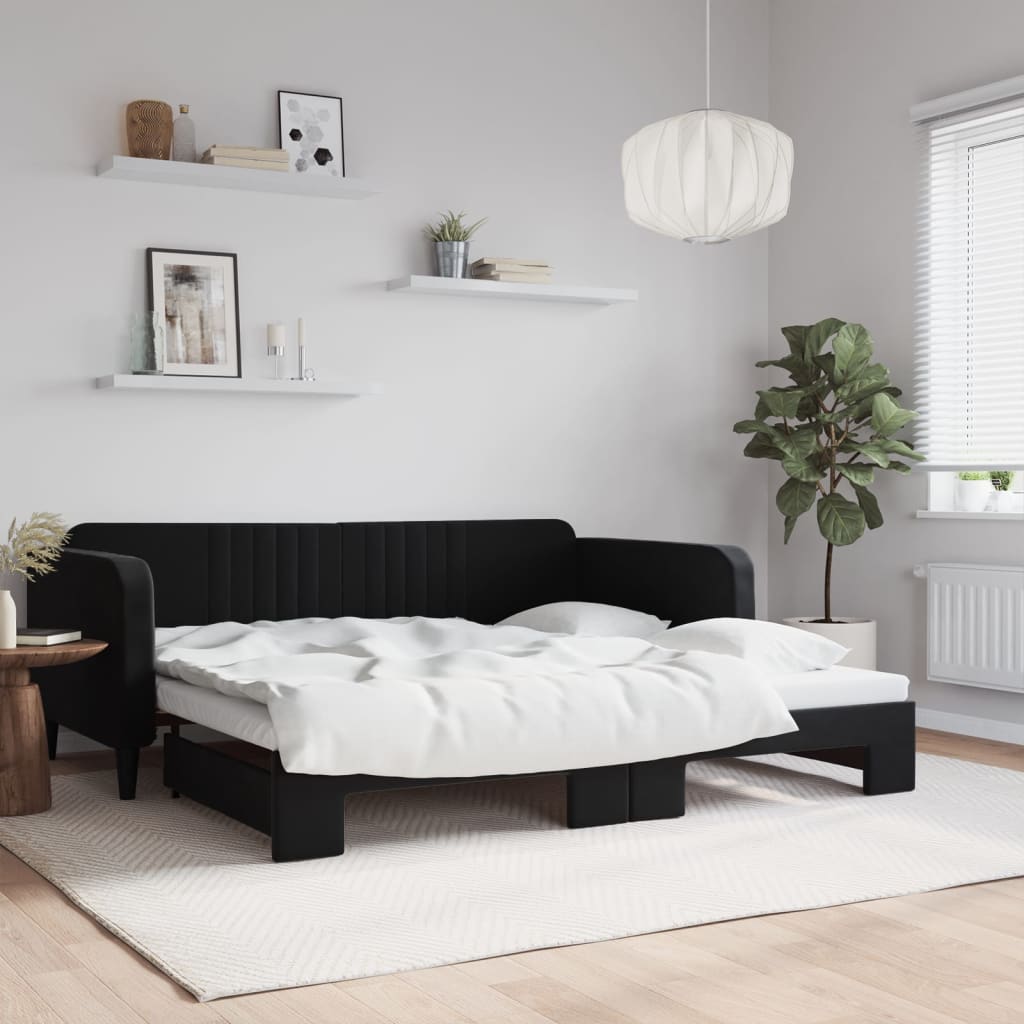 Slaapbank met onderschuifbed 100x200 cm fluweel zwart is nu te koop bij PeponiXL, paradijselijk wonen!