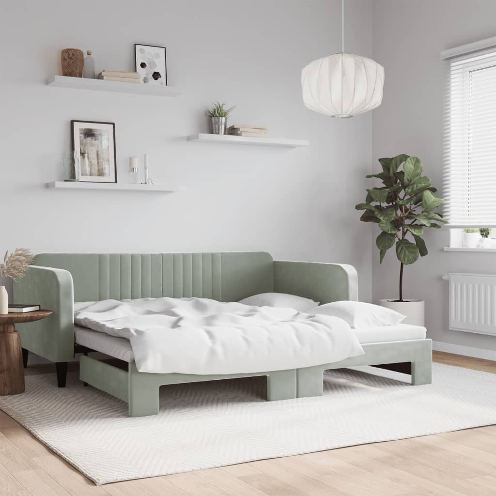Slaapbank met onderschuifbed 90x190 cm fluweel lichtgrijs is nu te koop bij PeponiXL, paradijselijk wonen!