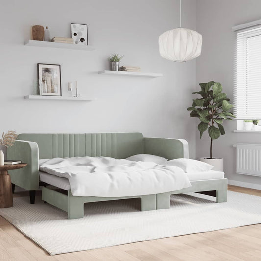 Slaapbank met onderschuifbed 90x190 cm fluweel lichtgrijs is nu te koop bij PeponiXL, paradijselijk wonen!