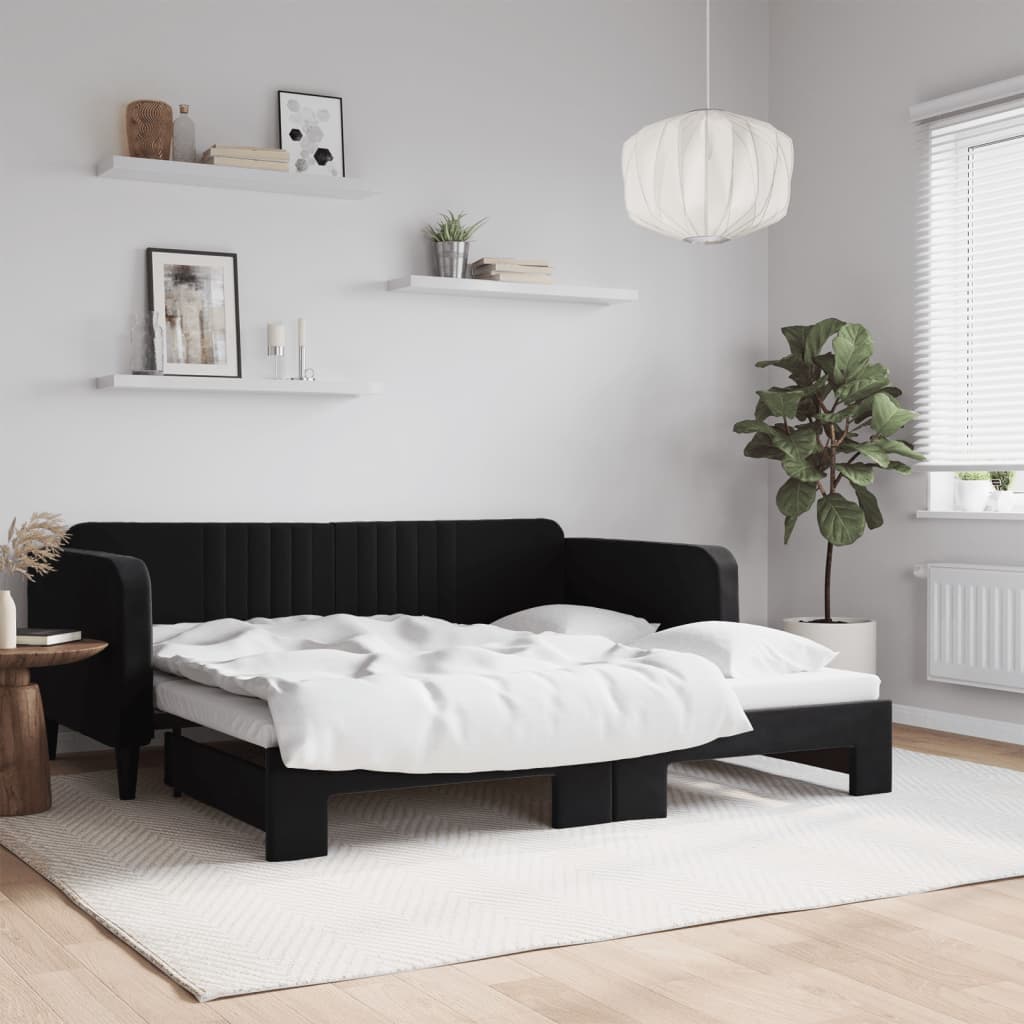 Slaapbank met onderschuifbed 90x190 cm fluweel zwart is nu te koop bij PeponiXL, paradijselijk wonen!