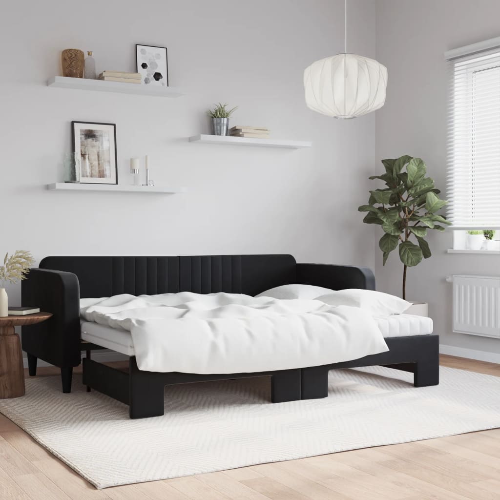 Slaapbank onderschuifbed en matrassen 80x200 cm fluweel zwart is nu te koop bij PeponiXL, paradijselijk wonen!