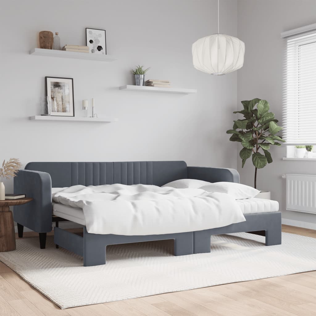 Slaapbank onderschuifbed matrassen 90x200cm fluweel donkergrijs is nu te koop bij PeponiXL, paradijselijk wonen!