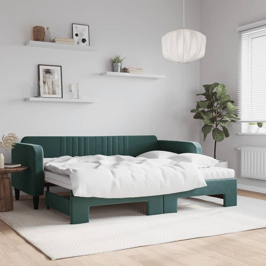 Slaapbank onderschuifbed matrassen 90x200cm fluweel donkergroen is nu te koop bij PeponiXL, paradijselijk wonen!