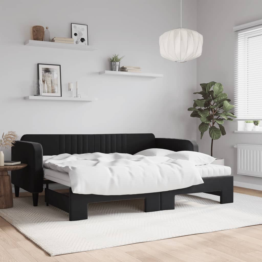 Slaapbank onderschuifbed en matrassen 90x200 cm fluweel zwart is nu te koop bij PeponiXL, paradijselijk wonen!