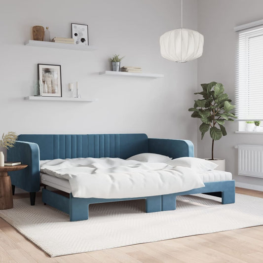 Slaapbank onderschuifbed en matrassen 100x200 cm fluweel blauw is nu te koop bij PeponiXL, paradijselijk wonen!