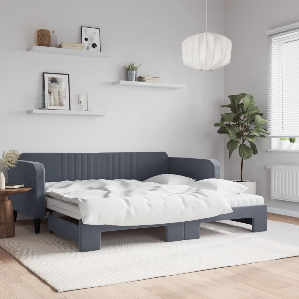 Slaapbank onderschuifbed matrassen 100x200cm fluweeldonkergrijs is nu te koop bij PeponiXL, paradijselijk wonen!