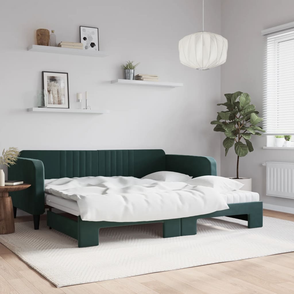 Slaapbank onderschuifbed matrassen 100x200cm fluweeldonkergroen is nu te koop bij PeponiXL, paradijselijk wonen!