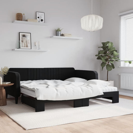 Slaapbank onderschuifbed en matrassen 100x200 cm fluweel zwart is nu te koop bij PeponiXL, paradijselijk wonen!