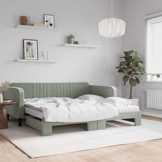 Slaapbank onderschuifbed matrassen 100x200cm fluweel lichtgrijs is nu te koop bij PeponiXL, paradijselijk wonen!