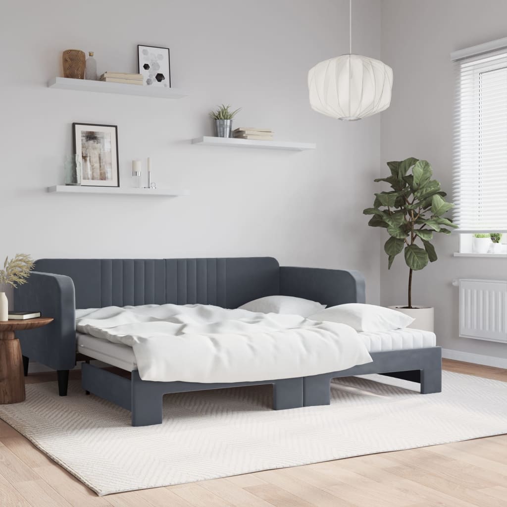 Slaapbank onderschuifbed matrassen 90x190cm fluweel donkergrijs is nu te koop bij PeponiXL, paradijselijk wonen!