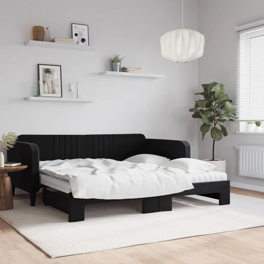 Slaapbank onderschuifbed en matrassen 90x190 cm fluweel zwart is nu te koop bij PeponiXL, paradijselijk wonen!