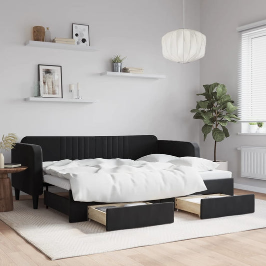 Slaapbank met onderschuifbed en lades 80x200 cm fluweel zwart is nu te koop bij PeponiXL, paradijselijk wonen!