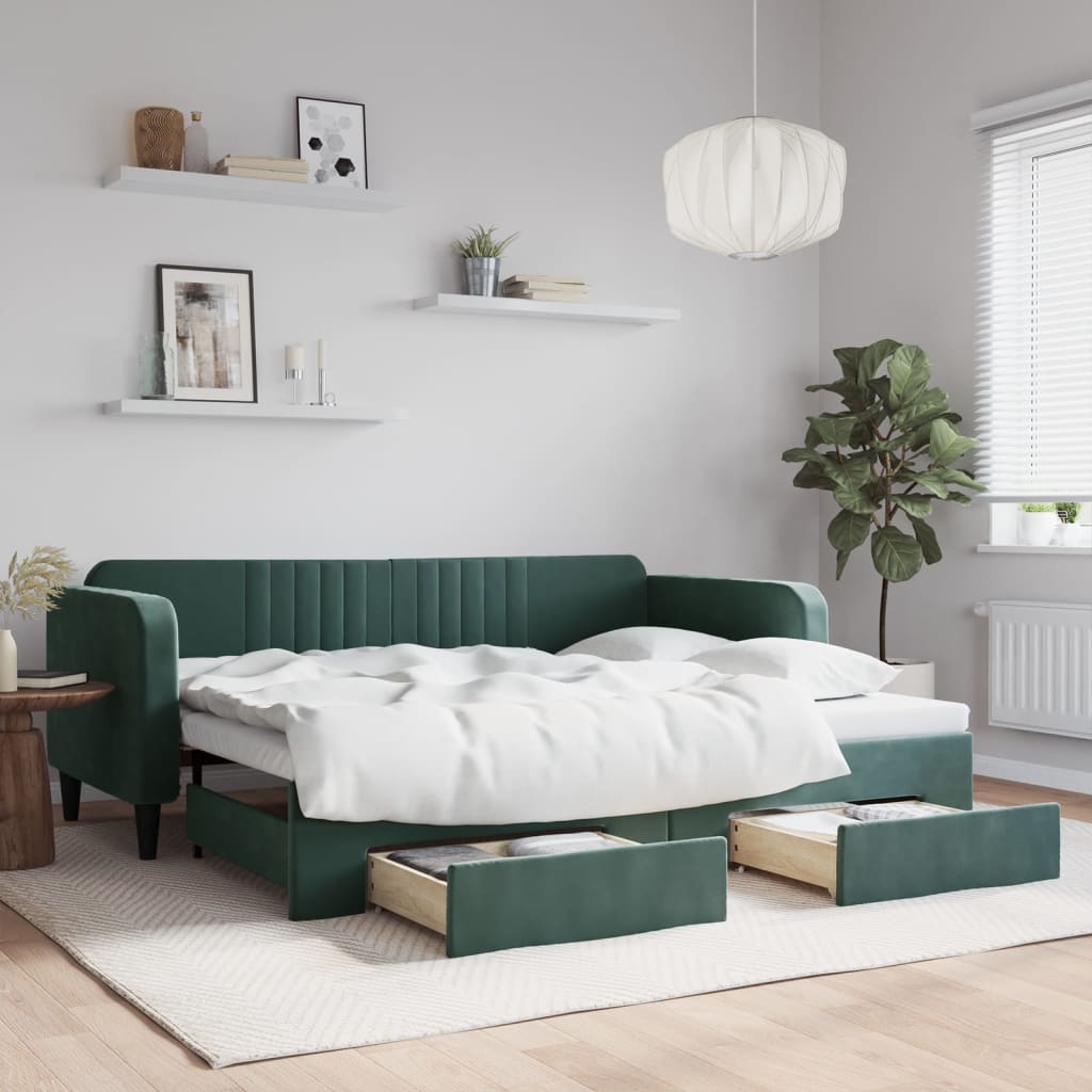 Slaapbank onderschuifbed en lades 90x200 cm fluweel donkergroen is nu te koop bij PeponiXL, paradijselijk wonen!
