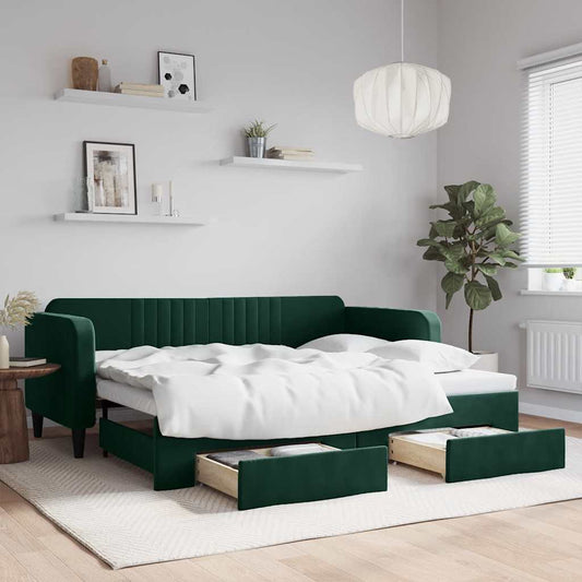 Slaapbank onderschuifbed en lades 90x200 cm fluweel donkergroen is nu te koop bij PeponiXL, paradijselijk wonen!
