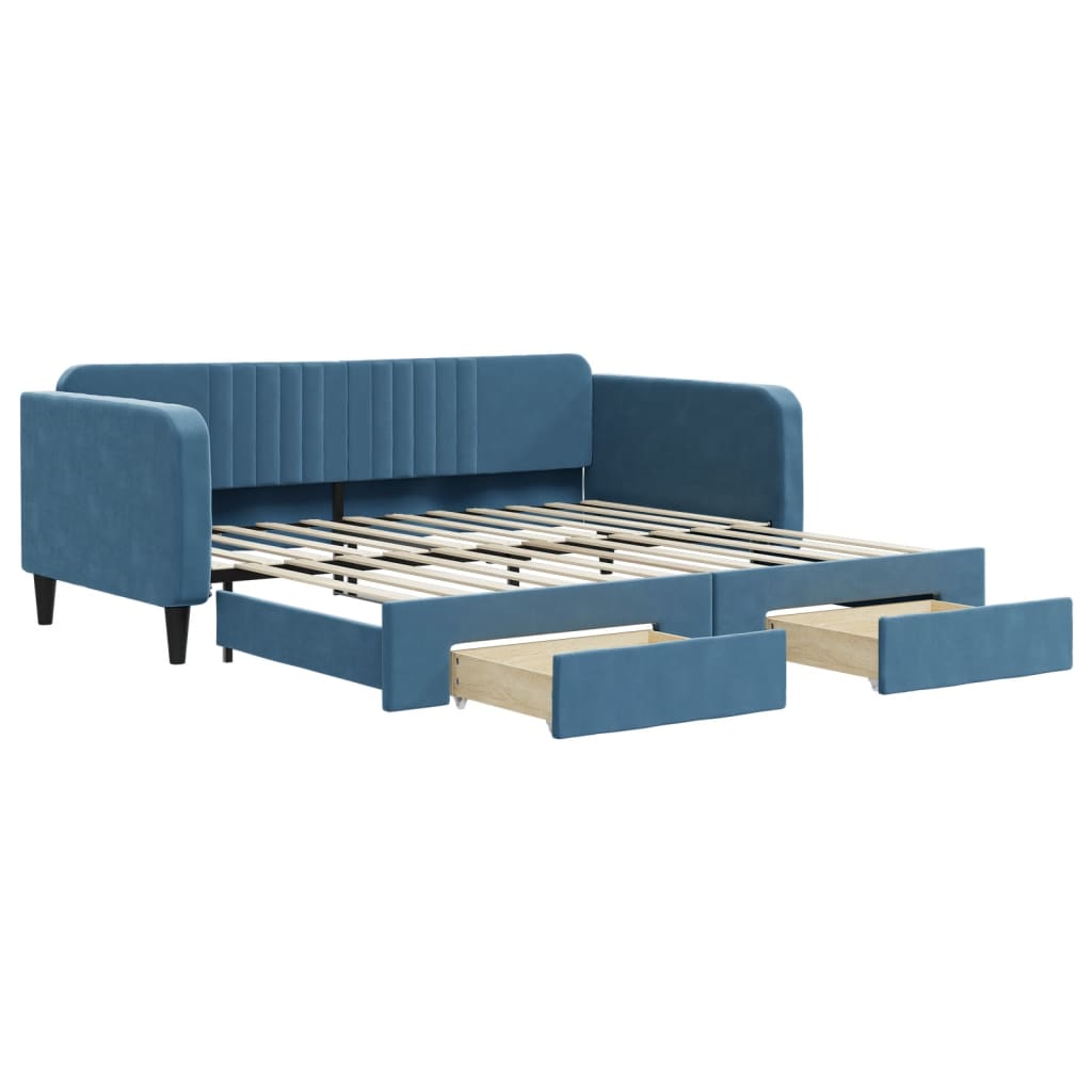 Slaapbank met onderschuifbed en lades 100x200 cm fluweel blauw is nu te koop bij PeponiXL, paradijselijk wonen!