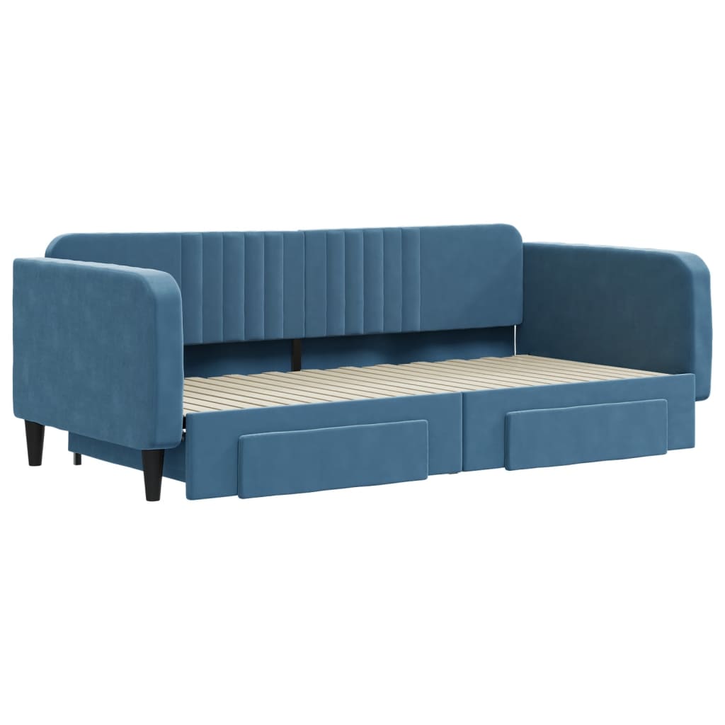 Slaapbank met onderschuifbed en lades 100x200 cm fluweel blauw is nu te koop bij PeponiXL, paradijselijk wonen!