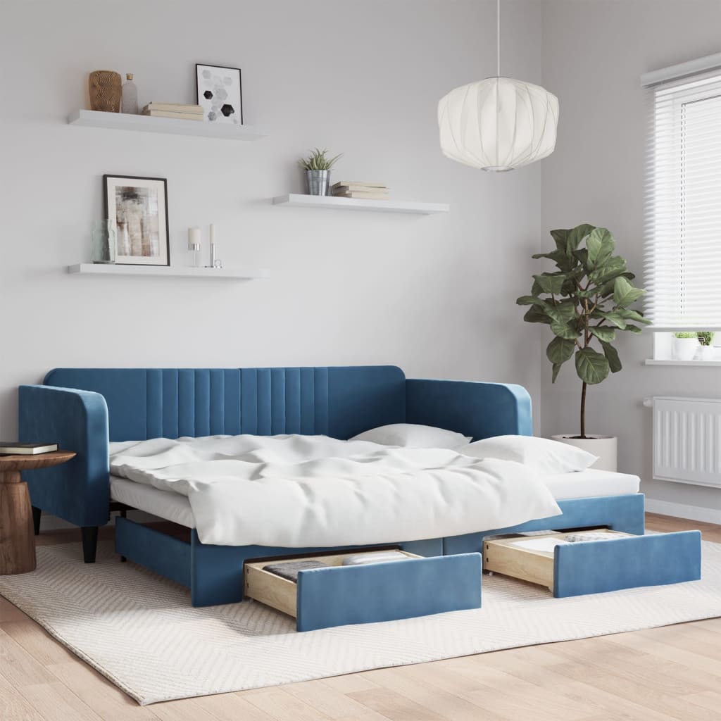 Slaapbank met onderschuifbed en lades 100x200 cm fluweel blauw is nu te koop bij PeponiXL, paradijselijk wonen!