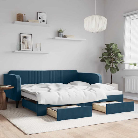 Slaapbank met onderschuifbed en lades 100x200 cm fluweel blauw is nu te koop bij PeponiXL, paradijselijk wonen!