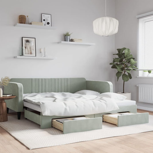 Slaapbank onderschuifbed en lades 100x200 cm fluweel lichtgrijs is nu te koop bij PeponiXL, paradijselijk wonen!