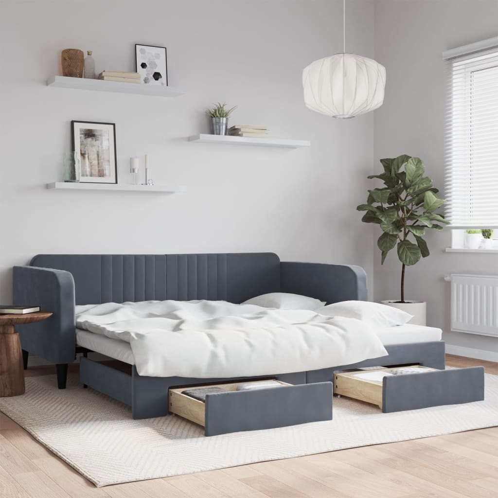 Slaapbank onderschuifbed lades 100x200 cm fluweel donkergrijs is nu te koop bij PeponiXL, paradijselijk wonen!