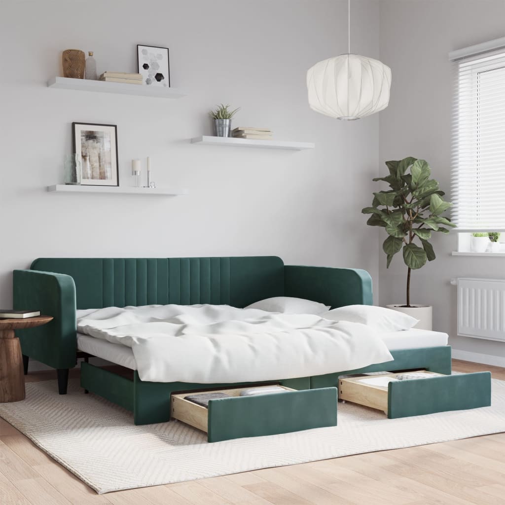 Slaapbank onderschuifbed lades 100x200 cm fluweel donkergroen is nu te koop bij PeponiXL, paradijselijk wonen!