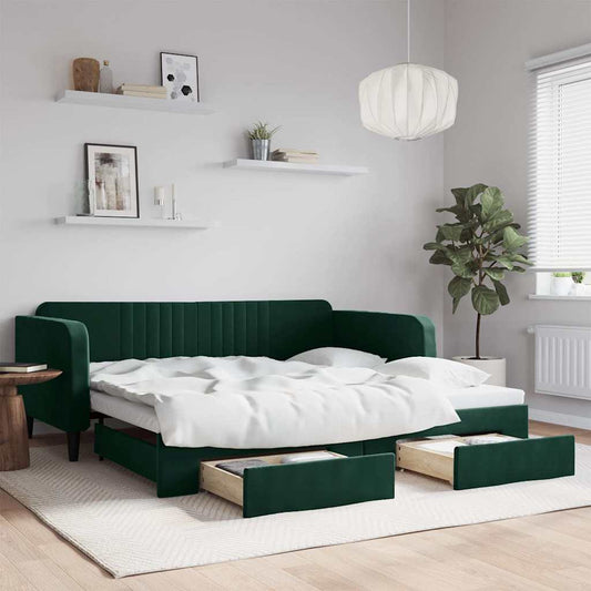 Slaapbank onderschuifbed lades 100x200 cm fluweel donkergroen is nu te koop bij PeponiXL, paradijselijk wonen!