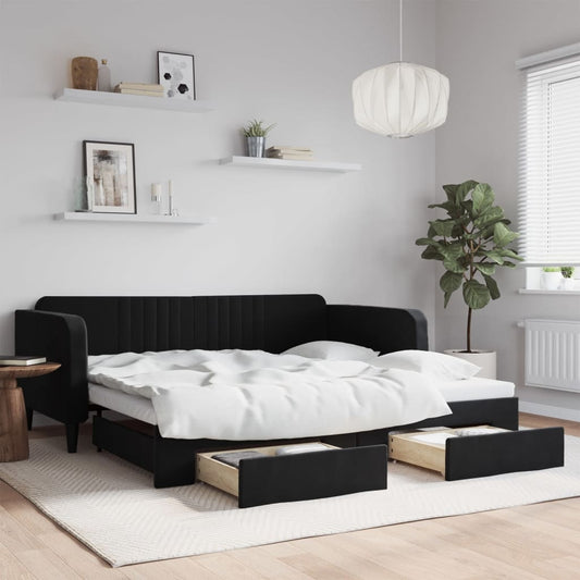 Slaapbank met onderschuifbed en lades 100x200 cm fluweel zwart is nu te koop bij PeponiXL, paradijselijk wonen!